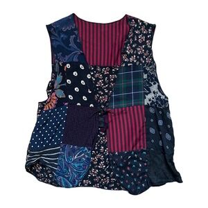 Vtg Boho Patchwork lightweight Vest Large Floral Paisley Plaid Mixed Print Crop